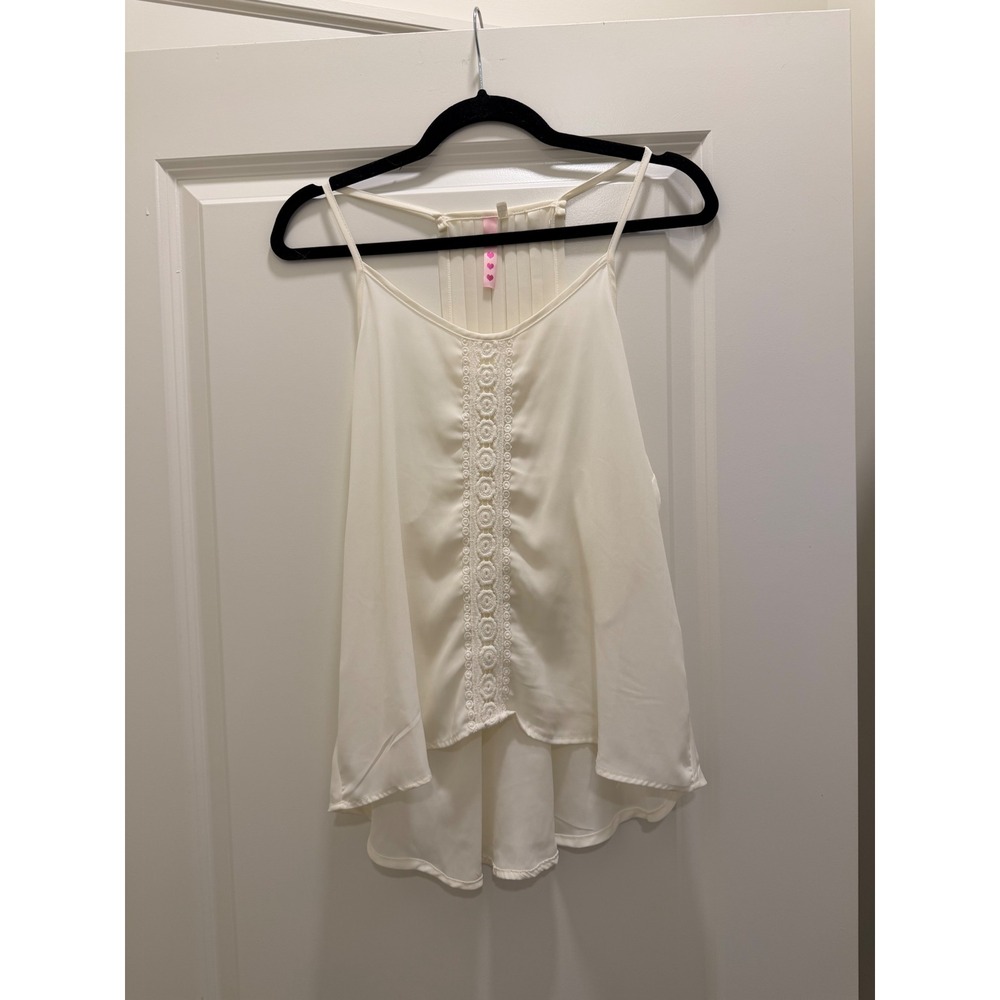 Cream Crochet Lace Pleated Racerback High Low Tank Top Blouse Ivory Large